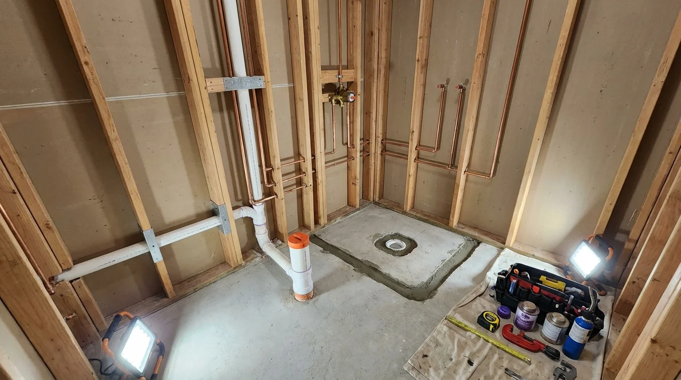 Bathroom rough-in plumbing during remodel by Johns Plumbing LLC in Apple Valley