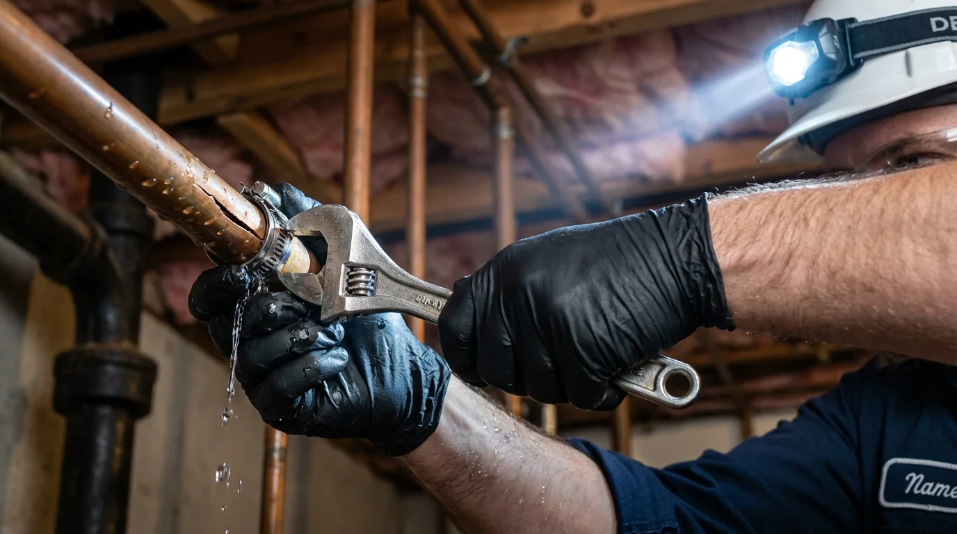 Emergency pipe clamp repair being performed by a Johns Plumbing LLC plumber in Apple Valley