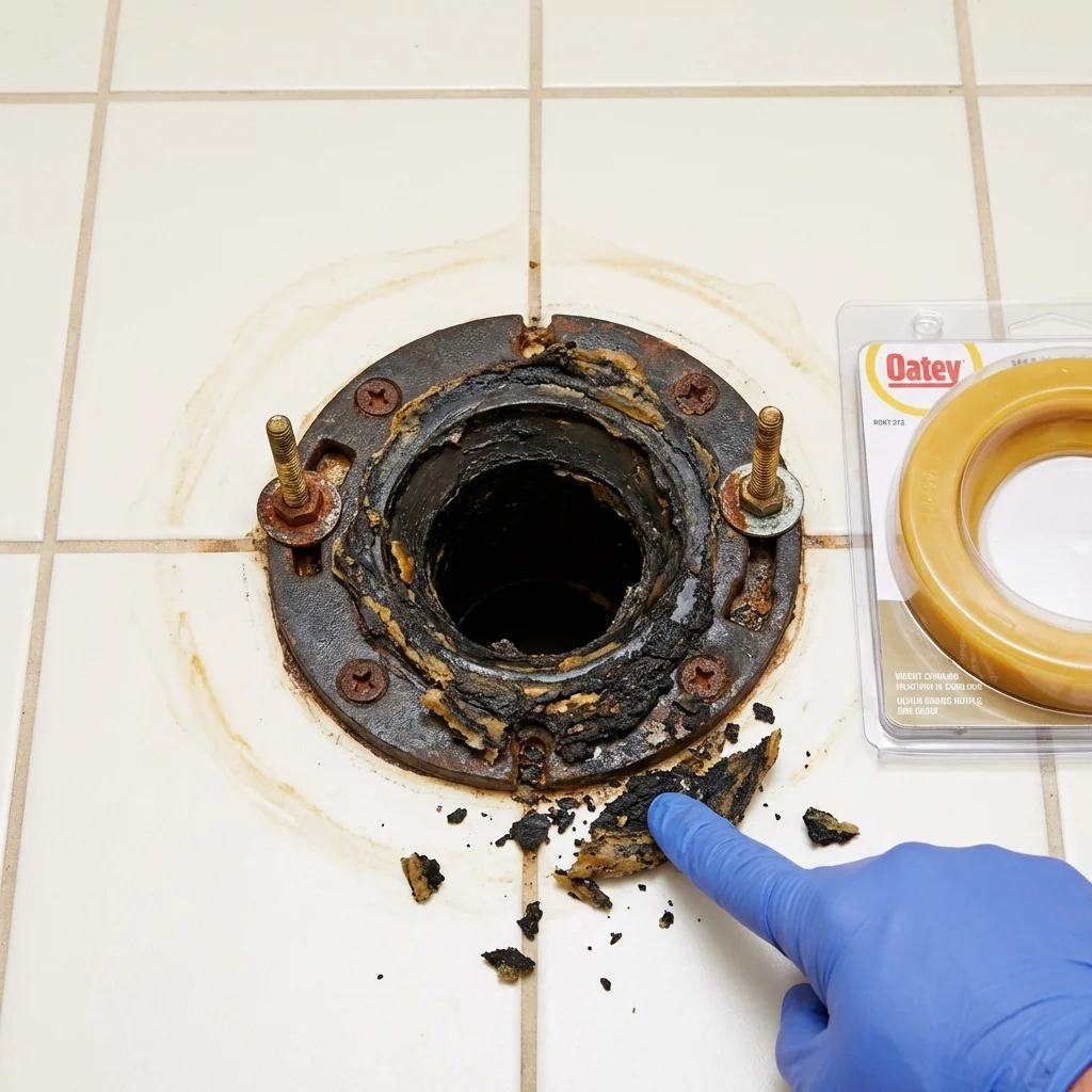 Failed wax ring showing water seepage at the base of a toilet in a Apple Valley, CA home