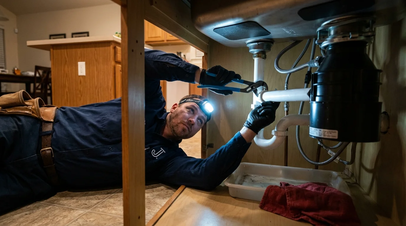 P-trap and supply line connections under a kitchen sink showing a common leak point in Apple Valley, CA